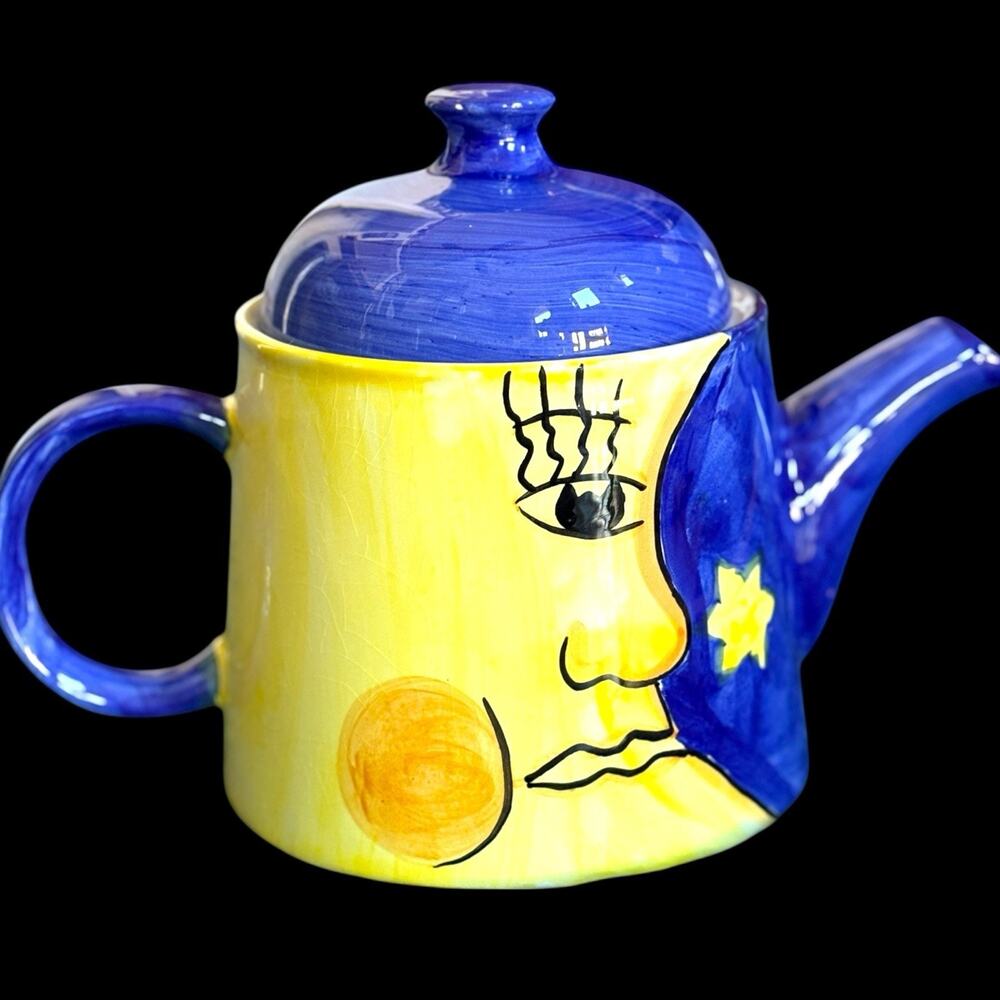 Vintage Luciano Hand Painted Celestial Sun Moon Teapot Italy Ceramic Art Pottery